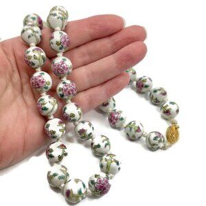 Chinese Export Necklace, Porcelain, Beads, Hand Painted, Hand Knotted, 24" Long